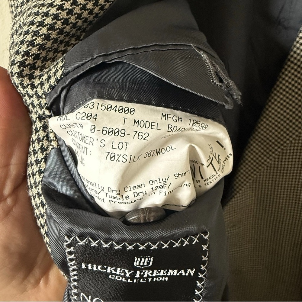 Hickey Freeman Blazer Men 44 Long Black Houndstooth Silk Wool Suit Coat Jacket - Picture 5 of 8